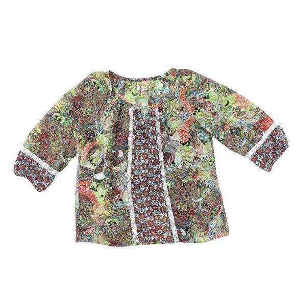 Fig & Flower Size PM Petite Medium Boho Pullover Top Floral Paisley Semi Sheer - Picture 1 of 7